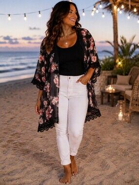 Maurice’s Plus Size Black Floral Crochet Trim Kimono -  Size 2-3x